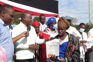 Health Cabinet Secretary Mutahi Kagwe issues title deeds to residents of Lekiji village 