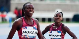 Uganda's Halima Nakaayi (right) and Kenya's Mary Moraa look on