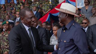 President William Ruto and Azimio leader Raila Odinga at the Ulinzi Sports Complex in Nairobi on April 20, 2024.